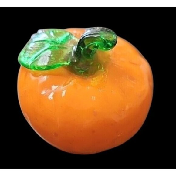 Handcrafted Blown Glass Fruit Sculpture With Green Leaf Design Orange Pumpkin - Picture 1 of 6